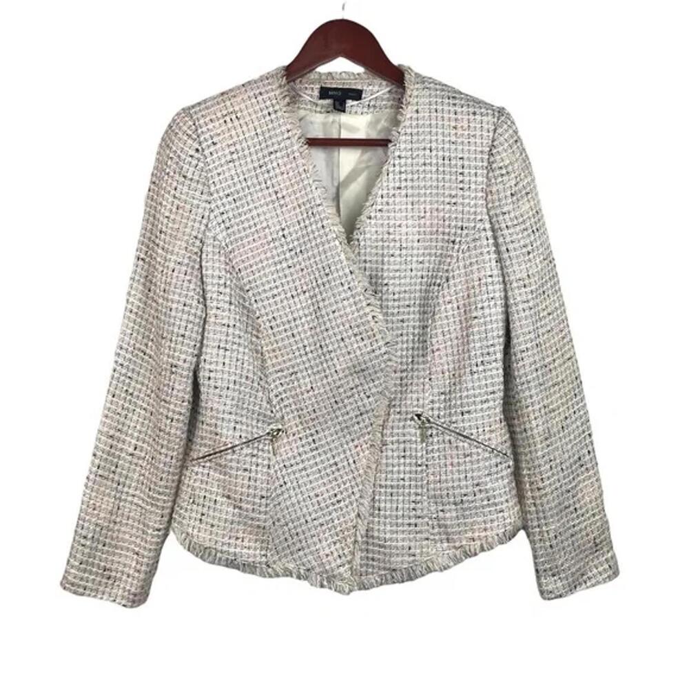 MNG Suit‎ Tweed Blazer Jacket Collarless Frayed Hem Light Academia Professor